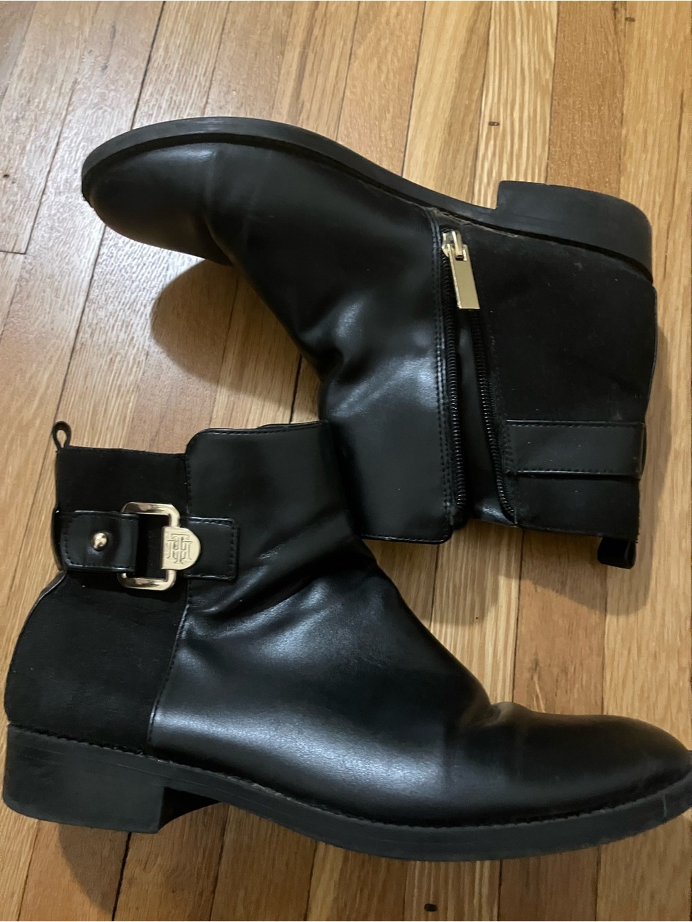 Tommy Hilfiger Black Leather & Suede Ankle Boots with Gold Buckle
